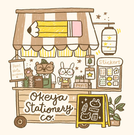Bear and a bunny selling stationery in a Japanese style wooden cart
